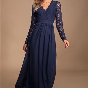 NWT Lulus navy blue long sleeve lace maxi dress